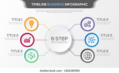 Timeline infographic with six steps design vector and  business icons suitable for workflow layout, diagram, annual report. Colorful 3D paper label isolated on grey background. 