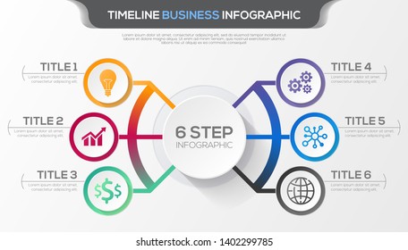 Timeline infographic with six steps design vector and  business icons suitable for workflow layout, diagram, annual report. Colorful 3D paper label isolated on grey background. 