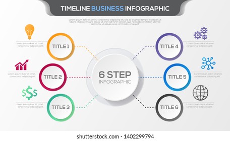 Timeline infographic with six steps design vector and  business icons suitable for workflow layout, diagram, annual report. Colorful 3D paper label isolated on grey background. 