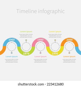 Timeline Infographic with snail colored ribbon, empty dash line circles and text. Template. Flat design. Vector illustration