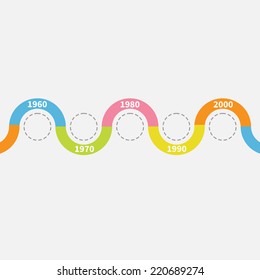 Timeline Infographic with snail ribbon, empty dash line circles. Template. Flat design. Vector illustration