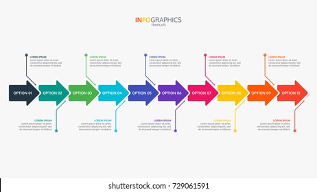 Timeline Infographic Template With 10 Options, Steps, Arrows. Can Be Used For Presentation,  Process Diagram. Vector Illustration.