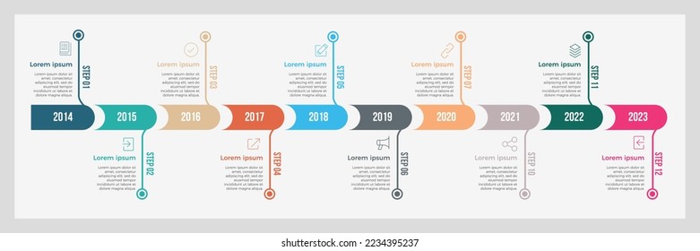 Timeline infographic template with 10 steps. Colourful timeline vector business template