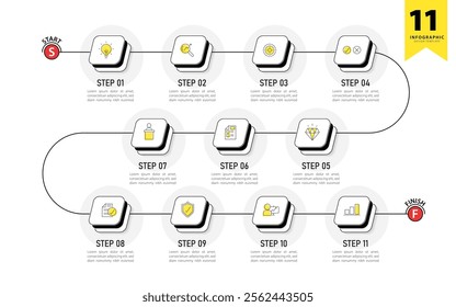 Timeline infographic template. 11 Step timeline journey, calendar Flat simple infographics design template. presentation graph. Business concept with 11 options, vector illustration.