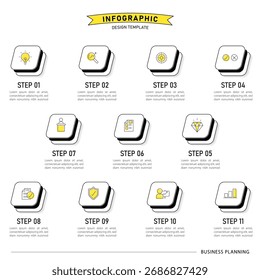Modelo de infográfico de linha do tempo. 11 Passo de jornada de linha do tempo, calendário Modelo simples de design de infográficos. gráfico de apresentação. Conceito de negócios com 11 opções, ilustração vetorial.