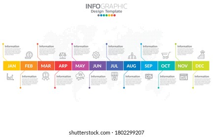 Timeline infographic template with 12 label, 12 months 1 year with steps and options.