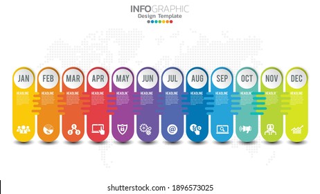 Timeline infographic template with 12 month.