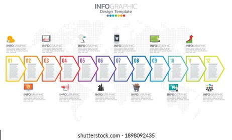 Timeline infographic template with 12 month.