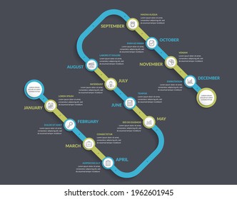 Timeline infographic template with 12 months, dark background, blue and green colors,