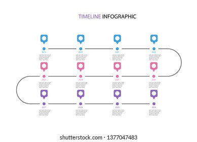 Timeline Infographic Template With 12 Points. Сan Be Used For Business Concept, Presentation, Web Design, Banners, Diagram, Workflow, Timeline. Vector Eps 10