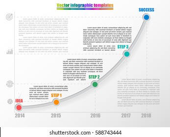 Timeline Infographic Template With 3 Steps, Start And Finish Option. Growth Chart By Years With Inscription And Comments. Grey Colors And Multicolored Step Points. Vector Illustration.