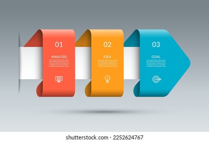 Timeline infographic template with 3 successive steps. Business growth concept. Can be used for web design, diagram, flow chart, graph, business presentation.