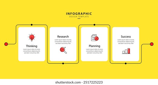 Plantilla de infografía de línea de tiempo. Viaje de la línea de tiempo de 4 pasos, Plantilla de diseño de infografías simples planas. Concepto de negocio con 4 opciones, Ilustración vectorial.