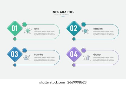 Plantilla de infografía de línea de tiempo. Viaje de la línea de tiempo de 4 pasos, Plantilla de diseño de infografías simples planas. Concepto de negocio con 4 opciones, Ilustración vectorial.