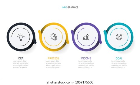 Timeline infographic template with 4 steps or options, circles.Business concept with marketing icons can be used for workflow, diagram.Vector linear elements for presentation.