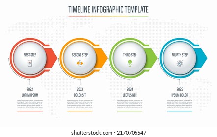 Plantilla infográfica de línea de tiempo de 4 pasos, piezas, círculos, flechas. Cartel con lugar para texto e iconos. Fondo del vector