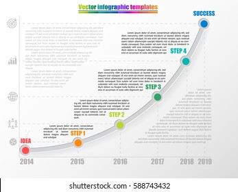 Timeline infographic template with 4 steps, start and finish option. Growth chart by years with inscription and comments. Grey colors and multicolored step points. Vector illustration.