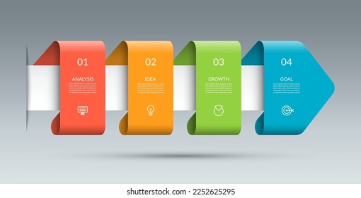 Timeline infographic template with 4 successive steps. Business growth concept. Can be used for web design, diagram, flow chart, graph, business presentation.