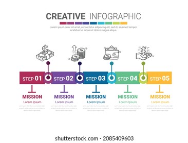Plantilla infográfica de línea de tiempo con 5 opciones, diseño de infografías vectoriales y negocio de presentación se pueden usar para diseño de flujo de trabajo, pasos o procesos.