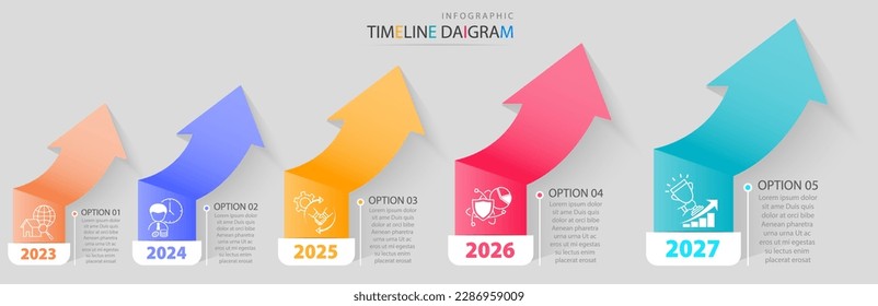 Plantilla de infografía de línea de tiempo con 5 opciones para mostrar datos y estadísticas del negocio.El diseño de vectores se puede utilizar para banners, procesos,