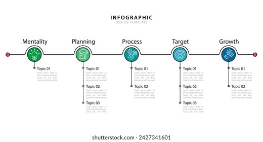 Plantilla de infografía de escala de tiempo. 5 Paso de viaje de línea de tiempo, calendario Plantilla de diseño de infografías simples planas. Concepto de negocio con 5 opciones, ilustración vectorial de número.