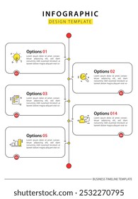 Plantilla de infografía de línea de tiempo. Viaje de la línea de tiempo de 5 pasos, Plantilla de diseño de infografías simples planas. Concepto de negocio con 5 opciones, Ilustración vectorial.