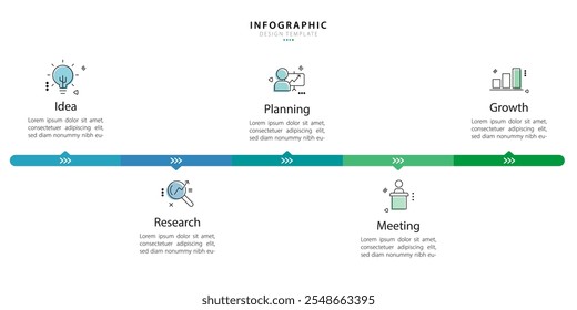 Plantilla de infografía de línea de tiempo. Viaje de la línea de tiempo de 5 pasos, Plantilla de diseño de infografías simples planas. Concepto de negocio con 5 opciones, Ilustración vectorial.