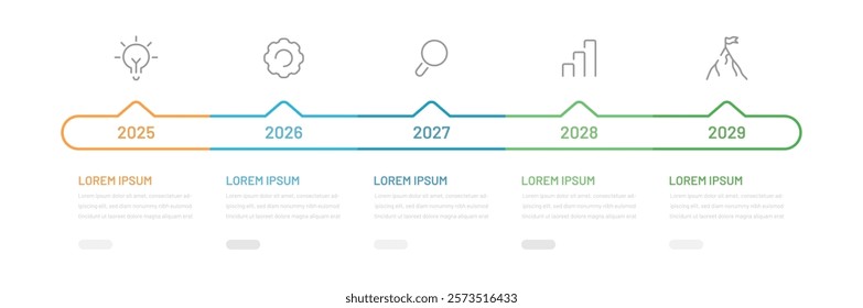 Timeline  infographic template. 5 Step thin line timeline journey, template for presentation. Management, evolution, success concept