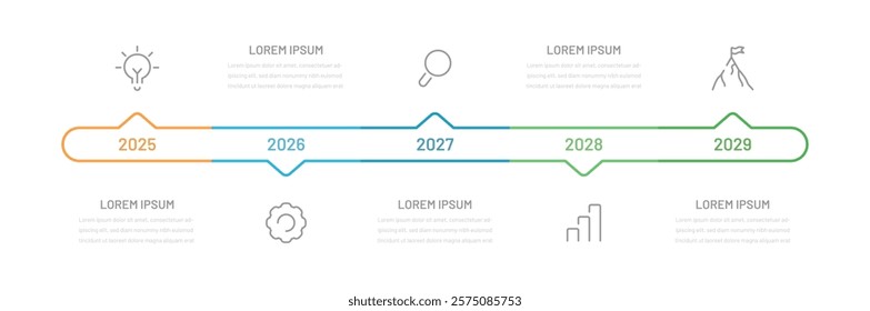 Timeline  infographic template. 5 Step thin line timeline journey, template for presentation. Management, evolution, success concept