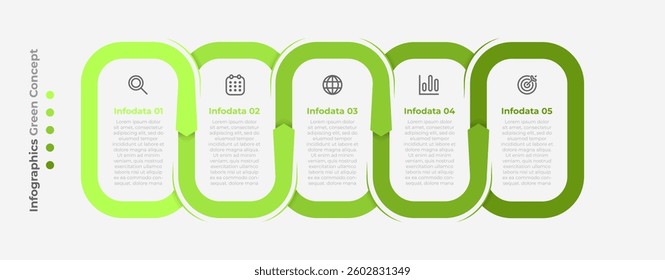 Timeline infographic template 5 step, option. Vector business green concept design with marketing icons. 