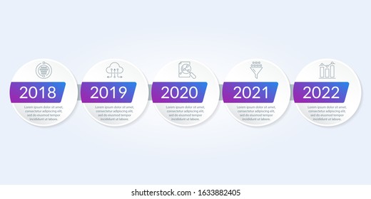 Timeline Infographic template with 5 steps, levels or options. Business design elements with icons for infographics, information brochure, presentation, banner, workflow layout. Vector illustration.