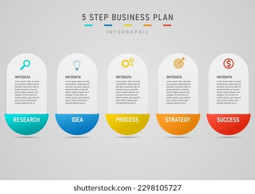 timeline infographic template 5 steps business plan success rounded square shape capsule top multi color icons gray gradient background design for marketing, product, project, finance, investment