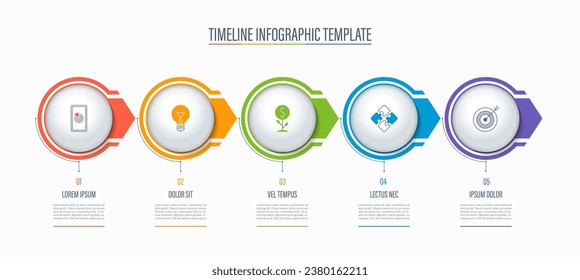 Plantilla infográfica de línea de tiempo de 5 pasos, piezas, círculos, flechas. Cartel con lugar para texto e iconos. Fondo del vector