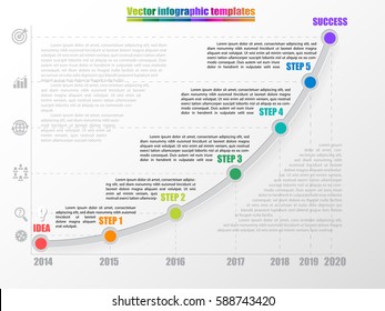 Timeline infographic template with 5 steps, start and finish option. Growth chart by years with inscription and comments. Grey colors and multicolored step points. Vector illustration.