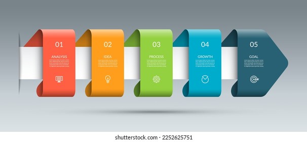 Timeline infographic template with 5 successive steps. Business growth concept. Can be used for web design, diagram, flow chart, graph, business presentation.