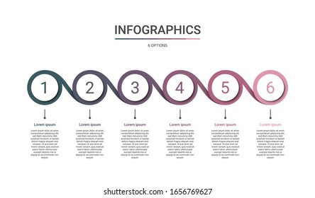 Plantilla infográfica de línea de tiempo con 6 opciones sobre fondo blanco, ilustración vectorial