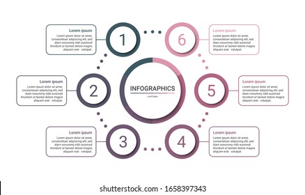 Timeline infographic template with 6 options on white background, vector illustration