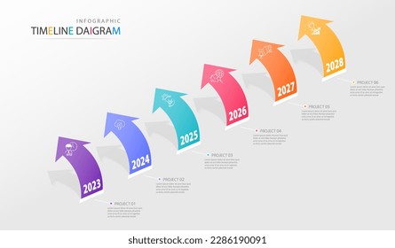 Plantilla de infografía de línea de tiempo con 6 opciones para mostrar datos y estadísticas del negocio.El diseño de vectores se puede utilizar para banners, procesos,