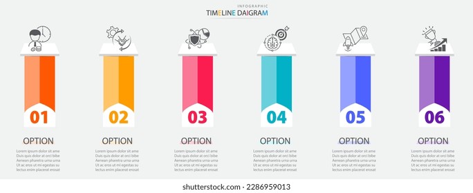 Plantilla de infografía de línea de tiempo con 6 opciones para mostrar datos y estadísticas del negocio.El diseño de vectores se puede utilizar para banners, procesos,