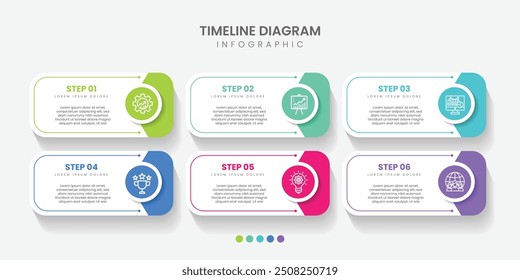 Timeline infographic template. 6 Step timeline journey, calendar Flat simple infographics design template.