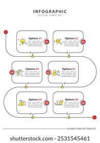 Infografik-Vorlage für Zeitachse. 6 Schritt Zeitleiste Reise, Kalender Flache einfache Infografik Design-Vorlage. Präsentationsdiagramm. Geschäftskonzept mit 6 Optionen, Vektorgrafik.