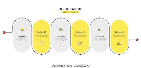 Infografik-Vorlage für Zeitachse. 6 Schritt Zeitleiste Reise, Kalender Flache einfache Infografik Design-Vorlage. Präsentationsdiagramm. Geschäftskonzept mit 6 Optionen, Vektorgrafik.