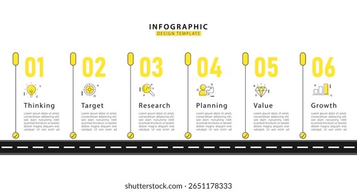 Timeline infographic template. 6 Step timeline journey, calendar Flat simple infographics design template. presentation graph. Business concept with 6 options, vector illustration.