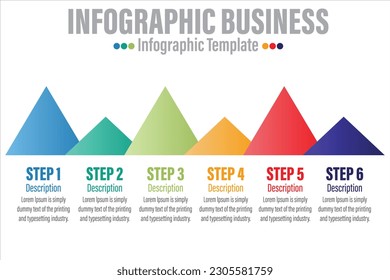 Timeline infographic template with 6 steps, 6 option 6 dot steps and starting point. Growth curve chart with sample text . Colorful and multicolored points. Vector illustration.