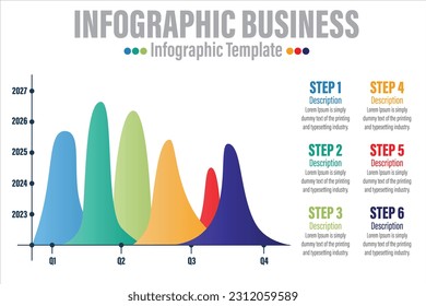 Plantilla de infografía de línea de tiempo con 6 pasos, 6 pasos de opción 6 puntos y punto de inicio. Gráfico de curva de crecimiento con texto de muestra. Puntos coloridos y multicolores. Ilustración vectorial.
