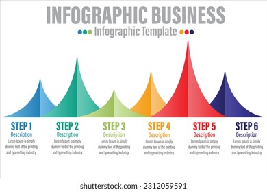 Timeline infographic template with 6 steps, 6 option 6 dot steps and starting point. Growth curve chart with sample text . Colorful and multicolored points. Vector illustration.