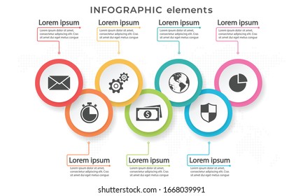 Timeline infographic template 7 circles option, Modern style.