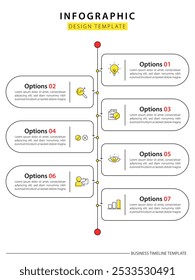 Timeline infographic template. 7 Step timeline journey, calendar Flat simple infographics design template. presentation graph. Business concept with 7 options, vector illustration.