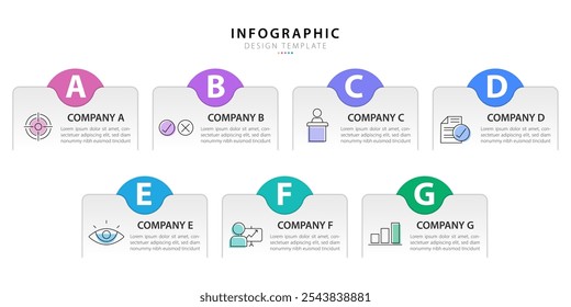 Timeline infographic template. 7 Step timeline journey, calendar Flat simple infographics design template. presentation graph. Business concept with 7 options, vector illustration.