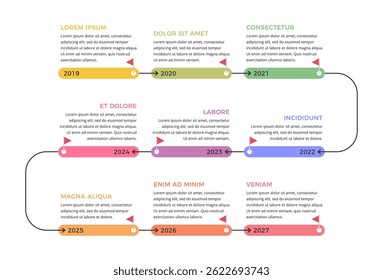 Timeline infographic template with 9 elements and arrows guiding the progression, vector eps10 illustration